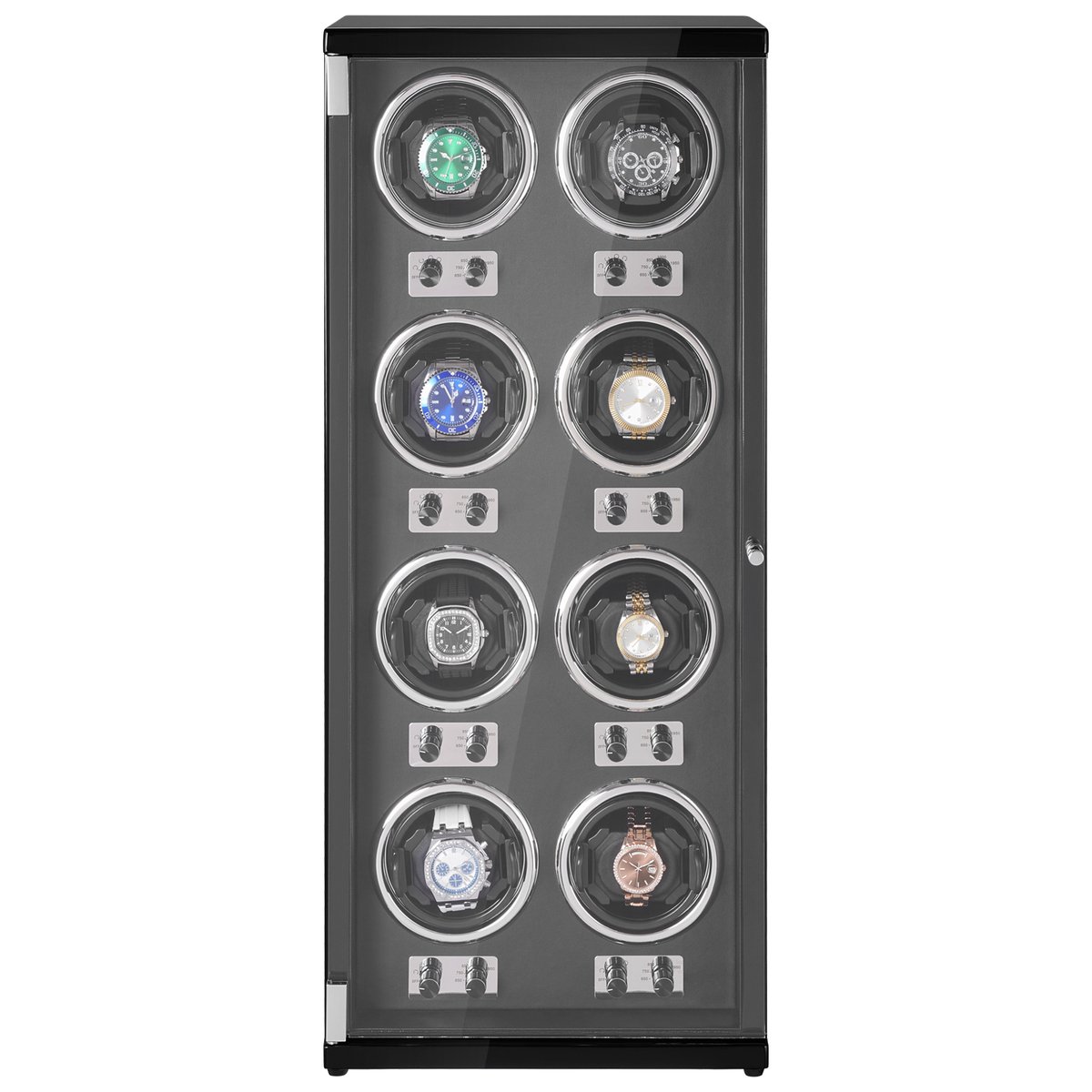 Horlogeopwinder, voor 8 Automatische Horloges, Superstille Japanse Mabuchi-Motoren, BlaUWe Led-Verlichting en Adapter, Behuizing met Hoge Dichtheid Printplaat en Zwarte Pu-Afwerking