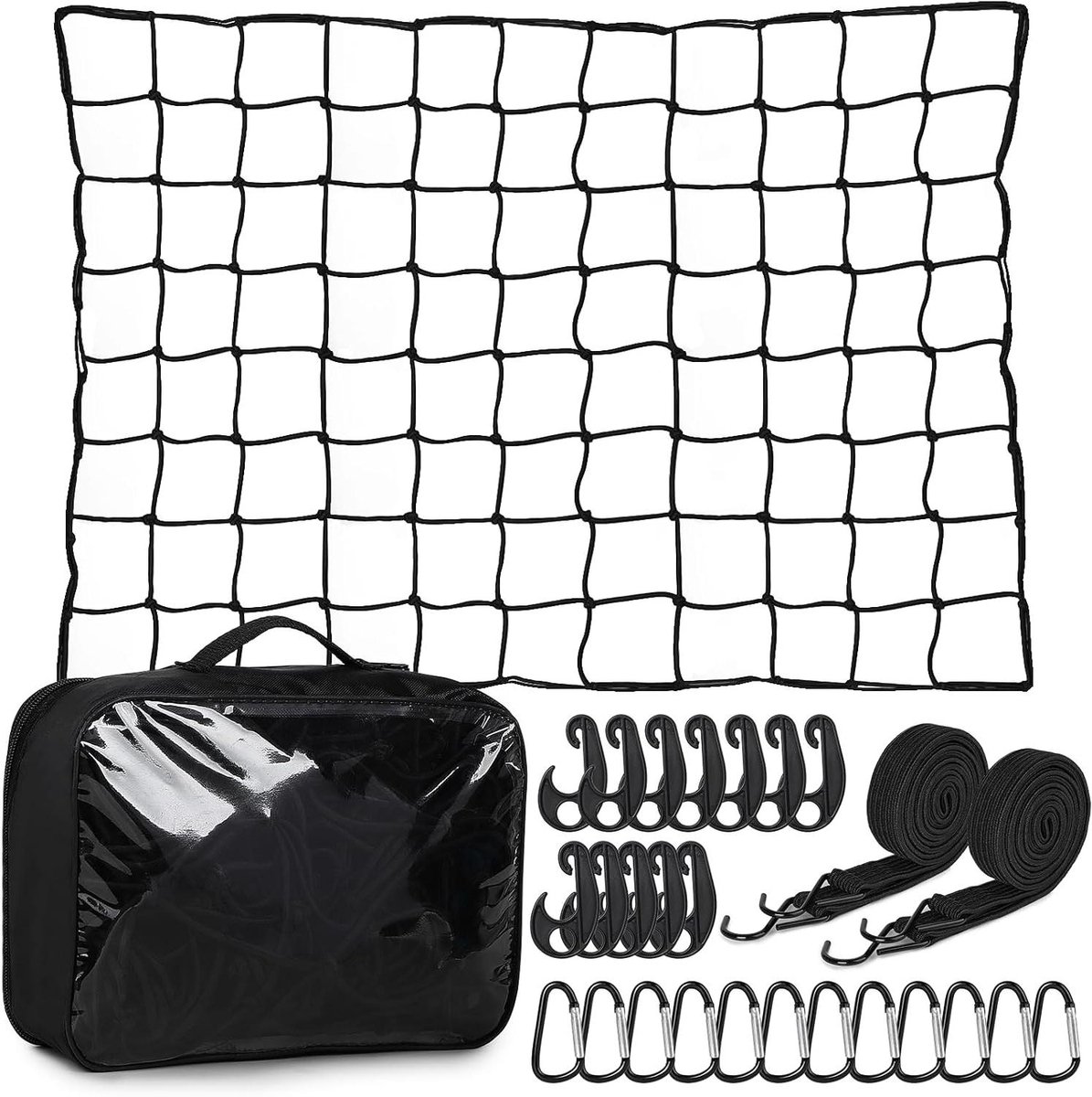 Allecto Plus - Uittrekbaar Bagagenet voor Auto | Ladingbeveiligingsnet 5mm | 12 Karabijnhaken | 12 Haken | 2 Spanbanden | Voor Aanhangers Laadvlak | 12m x 09m tot 18m x 24m