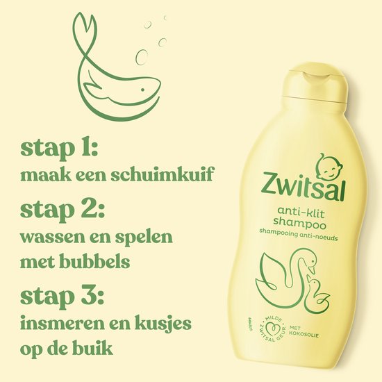 Stap 1, 2, 3 voor het gebruik van Zwitsal anti-klit shampoo. Fles met zwaan en kuikenprint.