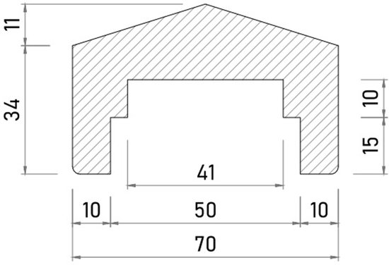 Technische tekening van een houtprofiel met afmetingen in millimeters.