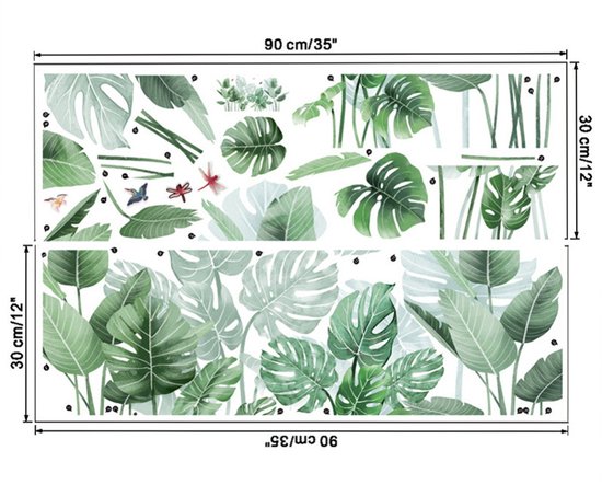 Een set van 90x30cm met diverse groene palm- en monstera-bladeren, met kleine insecten en afmetingen vermeld.