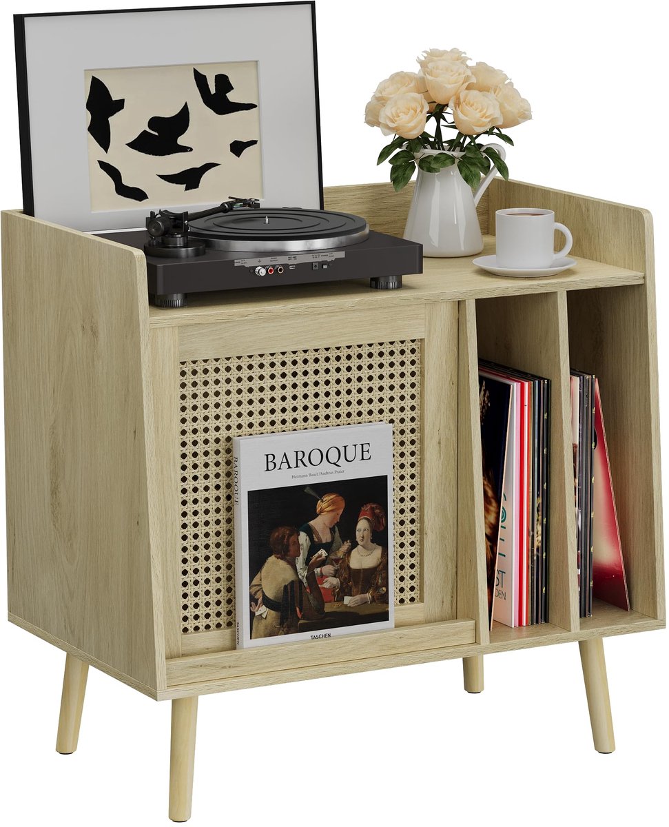 Unyqoos® Stijlvolle design platenspeler tafel - rattan detail
