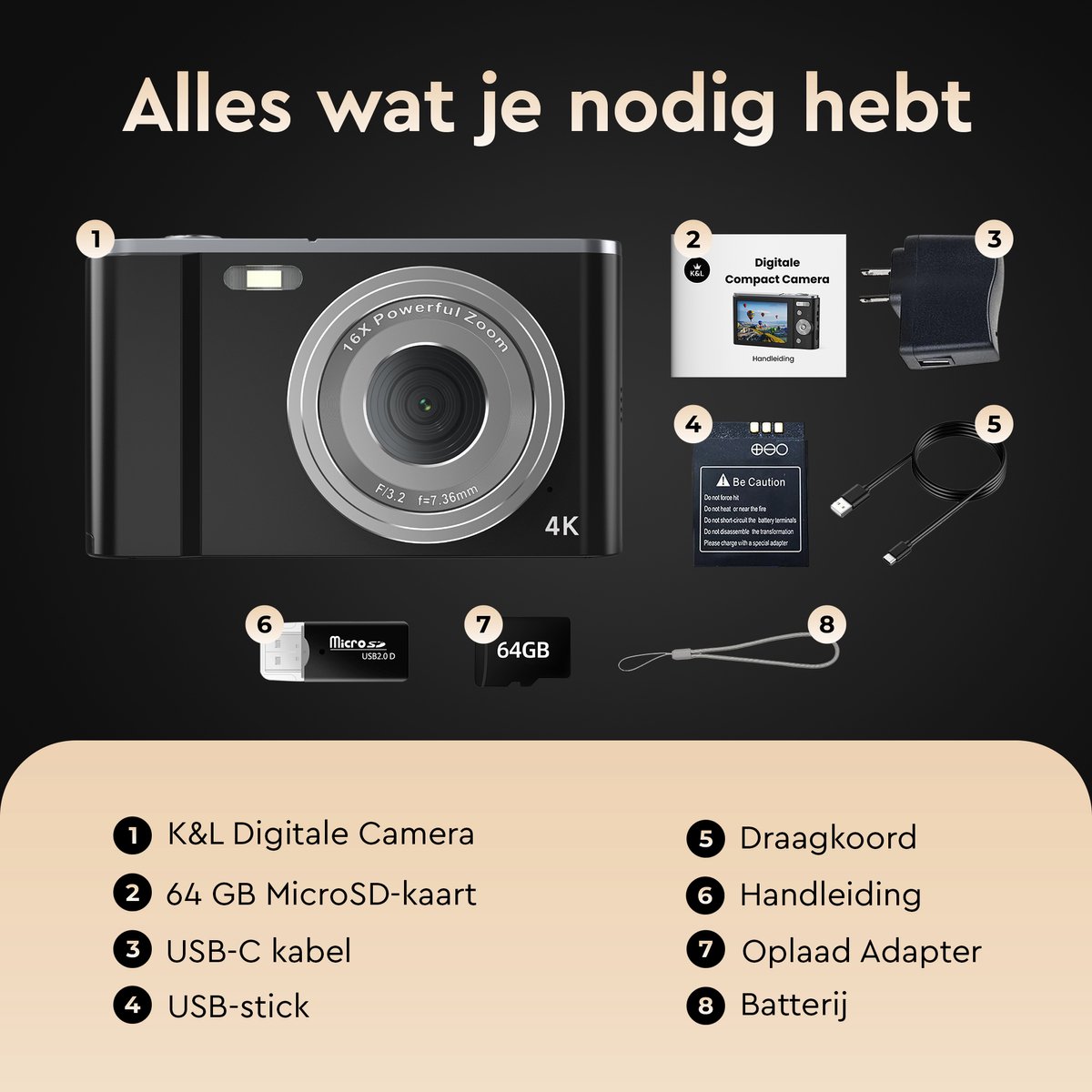 K&L Digitale Camera 4K - 64MP - Fototoestel - Compact Camera - Vlog Camera - Voor Kinderen - Inclusief 64GB - NL Software – foto 6