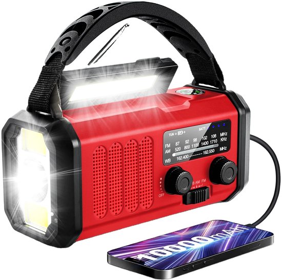 Noodradio - Solar Opwindbaar 10.000mAh - MODEL 2025 - Solar powerbank Zonneenergie - Survival Noodpakket - Zaklamp Oplaadbaar - Noodpakket – Noodrantsoen - Rood