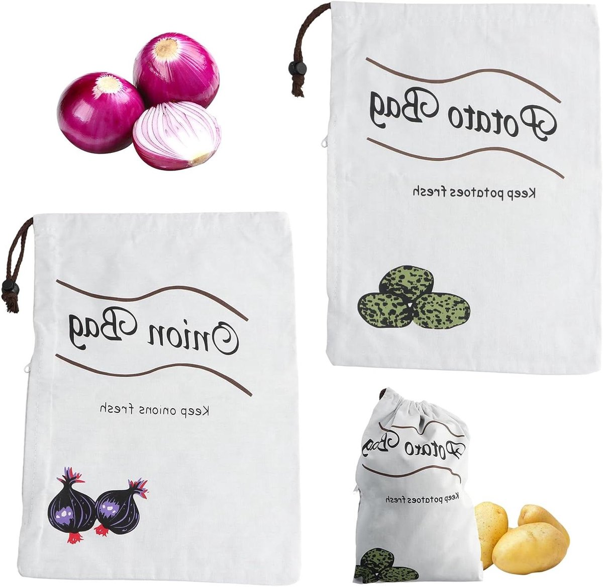 Allecto Plus - Set van 2 herbruikbare groentezakken voor aardappelen, uien en knoflook - 26 x 36 cm