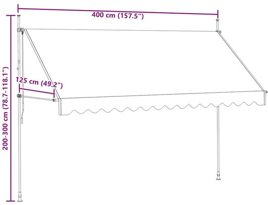 Dimensions d'un auvent gris: largeur 400 cm, projection 125 cm, hauteur 200-300 cm.
