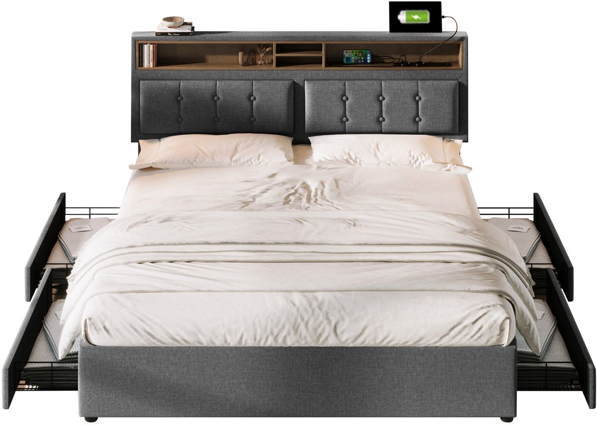 Merax 140x200 cm Bed - Multifunctioneel Dubbelbed met 4 Schubladen en USB-C Laadstation - Verstelbaar Hoofdbord - Beige Linnen