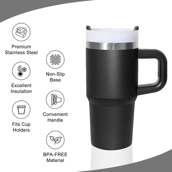 Thermosbeker met rietje en handvat, 100 ml, dubbelwandig, vacuüm, roestvrij staal, draagbare autobeker, reisfles, drinkfles voor reizen, sport, school en outdoor