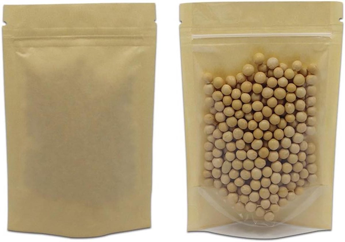 Allecto Plus - Kraftpapier plastic zakken met ritssluiting - Stand-up zakje - Hersluitbaar voor koffie en levensmiddelen - 16 x 24 cm - 50 stuks
