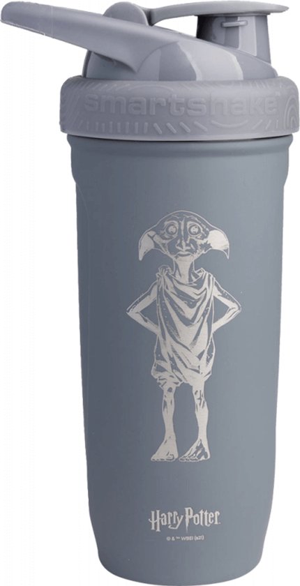 Grijze Smartshake beker met Dobby van Harry Potter erop. Smartshake logo op de dop.