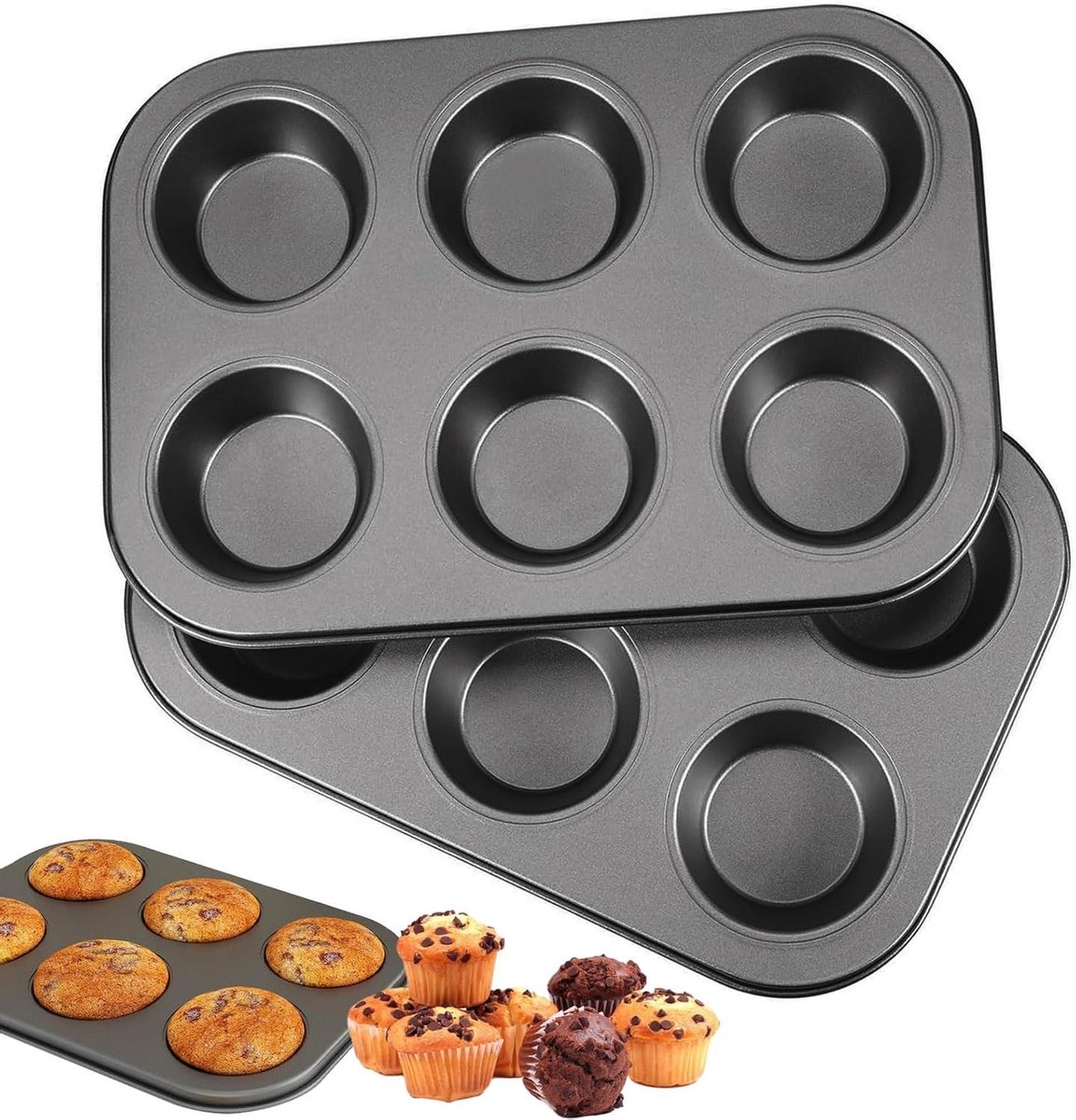 Allecto Plus 2 stuks Muffinvorm Koolstofstaal Antiaanbaklaag Grote Muffinvormen Muffin Plate voor 6 Muffins Muffintray Vaatwasmachinebestendig voor Cupcakes Brownies
