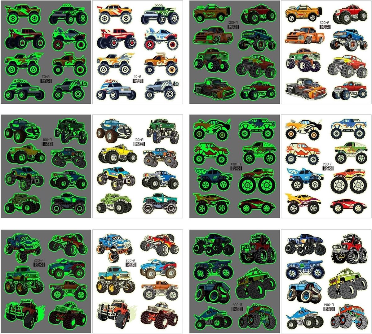 Inovra Plus - Glow In The Dark Monster Truck Tijdelijke Tatoeages voor Kinderen - Realistische Racewagen en Vrachtwagen Ontwerpen - 12 Stuks - Leuke Nep Tatoeagestickers Voor Jongens als Verjaardagsfeest Gastgeschenken