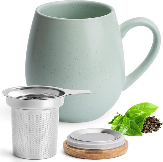 amapodo Theeglas in set met zeef en deksel, grote glazen theekop 700 ml, XXL, plasticvrij, met handvat, zwart
