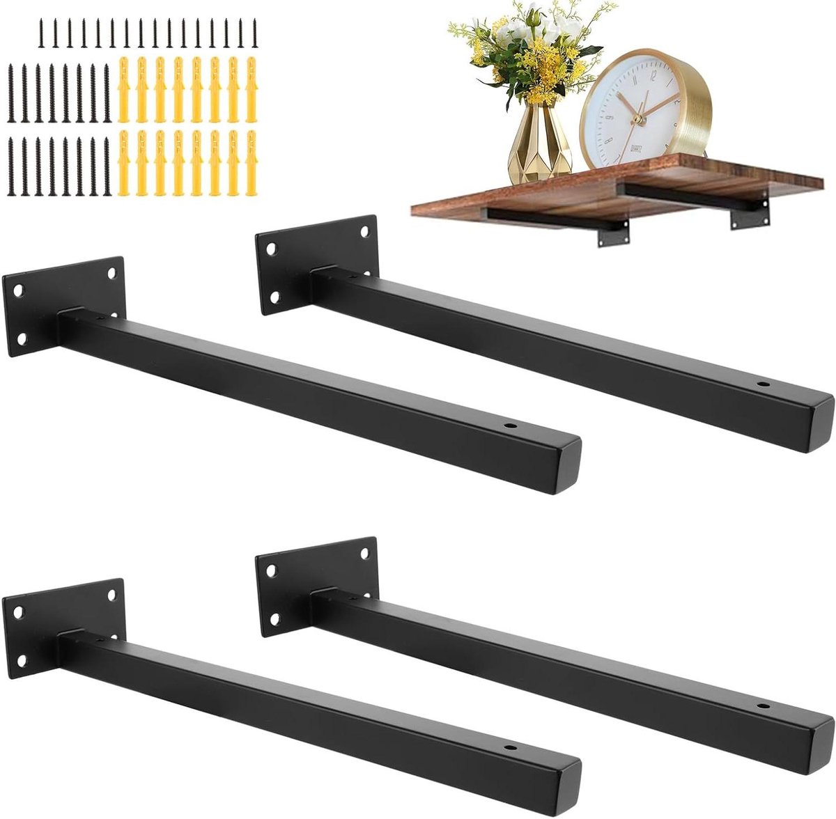 Allecto Plus - Set van 4 zwarte zwevende plankhouders met 30cm lengte - Voor zware belasting - Wandplankconsole - Zwart - 300mm - Zware belasting - Wandrek - 30 cm.