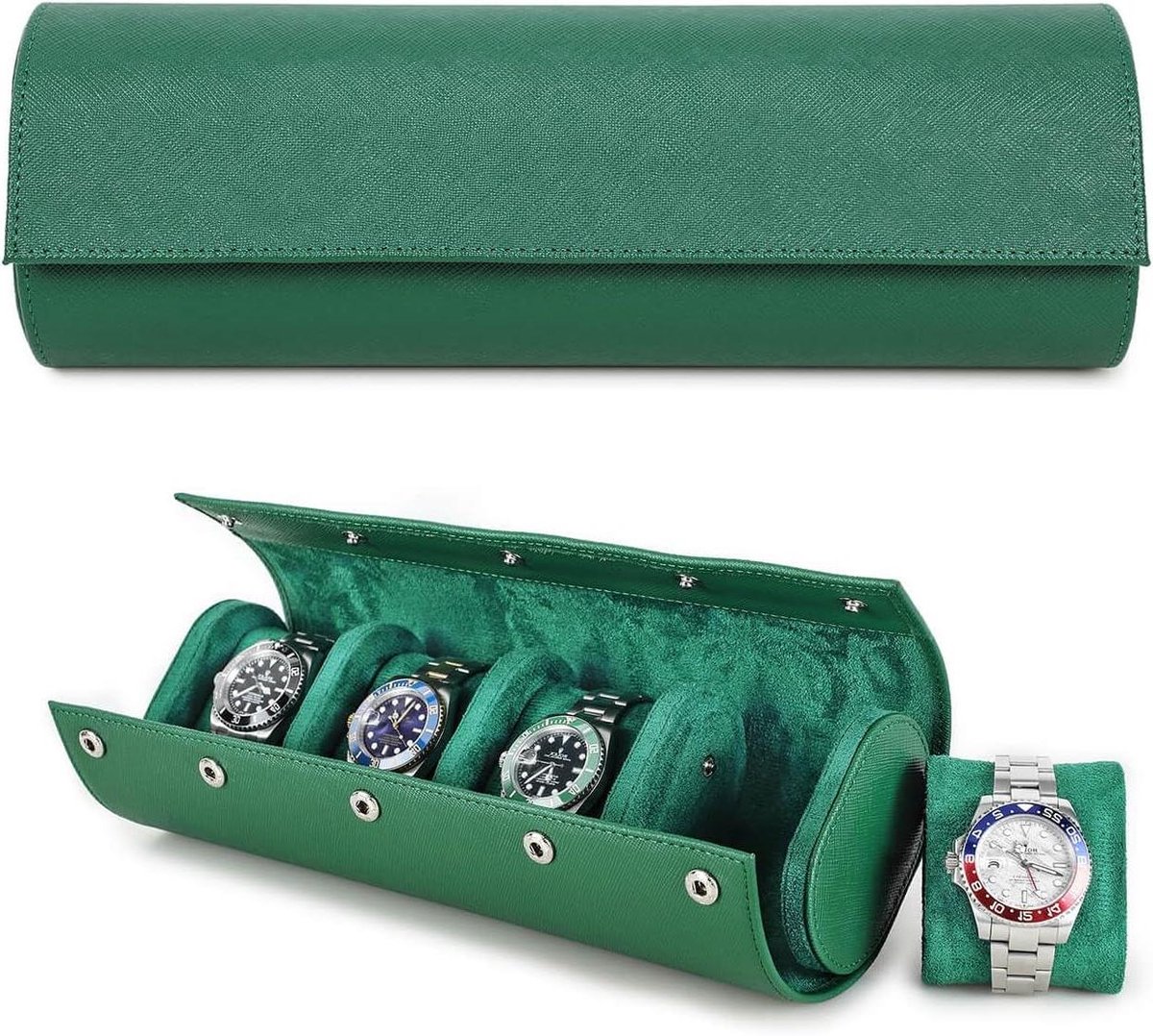 Allecto Plus - Echt Lederen Horloge Opbergdoos voor 4 Horloges - Handgemaakt Saffiano Lederen Reis Case - Draagbare Horlogehouder - Groen - Luxe Accessoireopslag