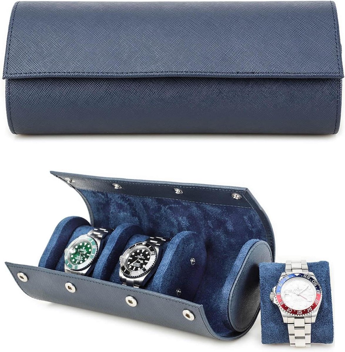 Allecto Plus - Echt lederen opberghorloge voor 3 horloges - Handgemaakt - Saffiano leer - Draagbare reishorlogekoffer - Verwijderbare kussens - Snag montage - Blauw