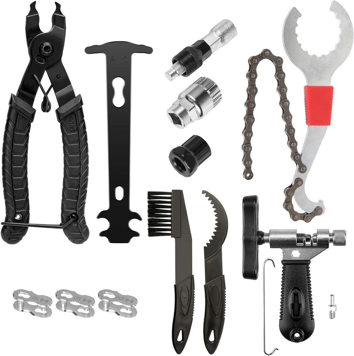 Allecto Plus - Fietsgereedschap: kettingklinknagel, tang, cranktrekker, fietsgereedschapsset, kettingnieter voor fietsketting 6/7/8/9/10-speed - 15 stuks.