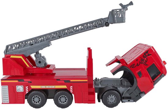 Rode brandweerwagen met ladder en openklapbare cabine. Tekst 'FIRE RESCUE' op de zijkant.