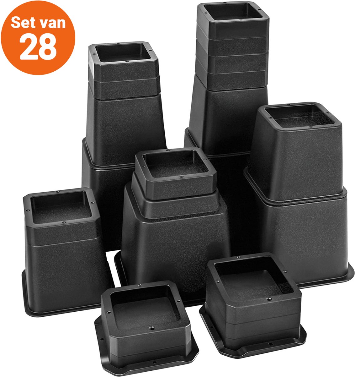 JustValue Verstelbare Meubelverhoger Set - 28-delig - Bedklossen - Stoelverhogers - Tafelverhogers - 2,5 tot 30,5 cm - Tot 567 kg draagkracht - Stapelbaar - Stabiel - Zwart
