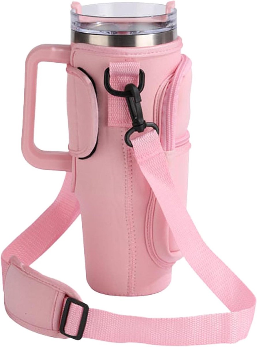 Allecto Plus - Draagtas voor waterfles Stanley Cup 40 oz - roze slingtas met telefoonzak - verstelbare schouderriem - 25cm (H) x 7cm (Diameter) - Casual - handig voor onderweg