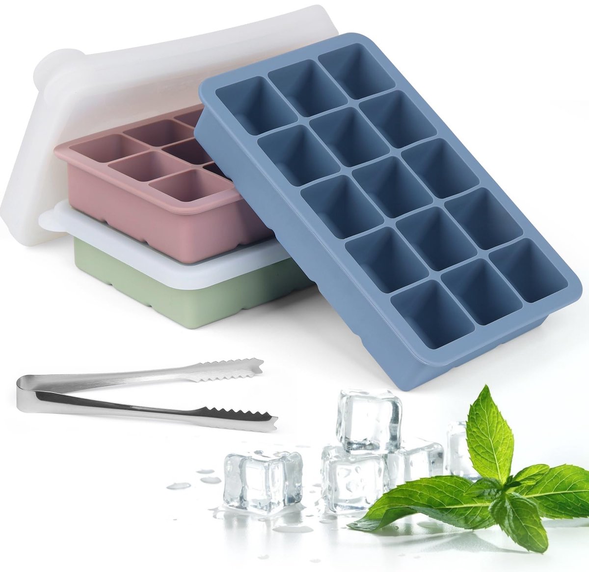 Ibenzoa® IJsblokjesvorm Set van 3 met Deksel voor Grote Vierkante IJsblokjes van 3,5 cm in Diverse Kleuren