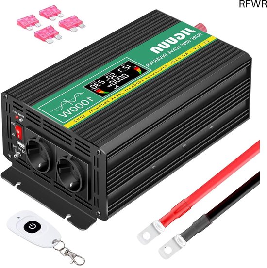 RFWR® Krachtige 1000W/2000W Zuivere Sinus Omvormer 12V naar 230V met Draadloze Afstandsbediening en LCD-Scherm voor Auto en Kamperen
