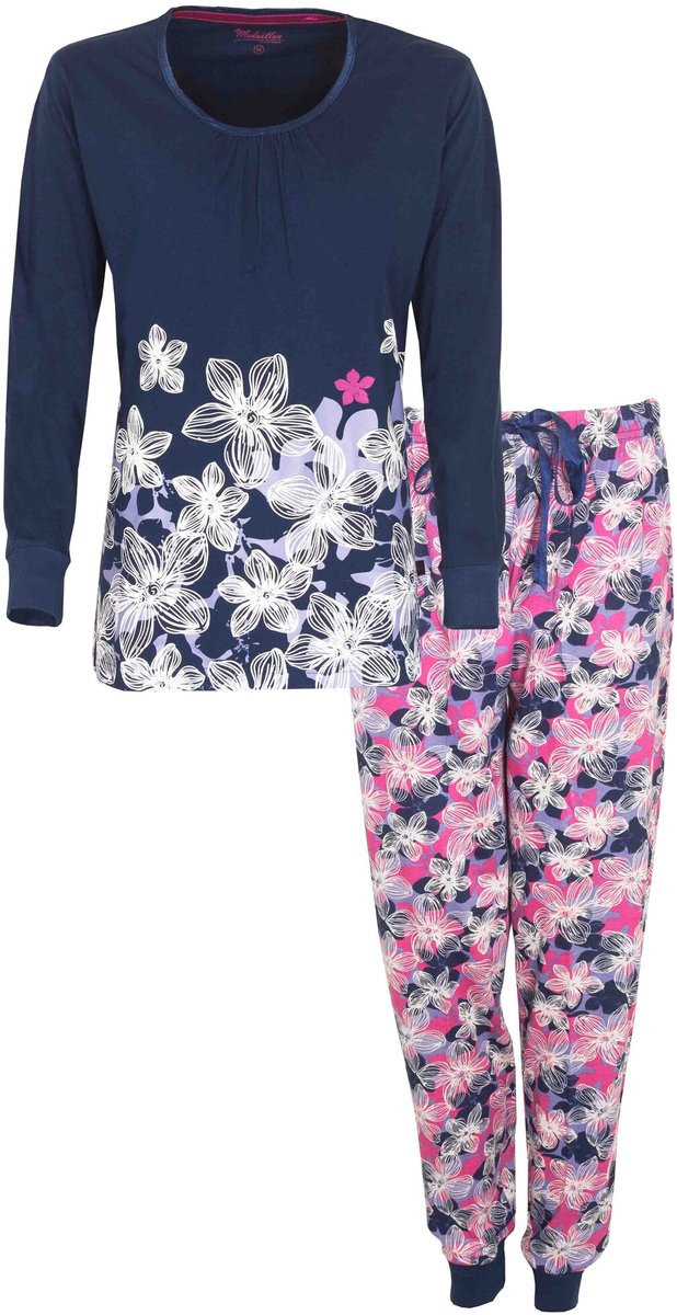 Medaillon Dames Pyjama - Met Boorden - Bloemenprint - Blauw Wit