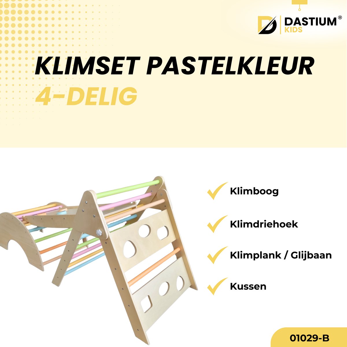 Dastium Kids - Klimrek - Montessori Speelgoed - XXL Houten Klimrek Speelgoed - Klimboog met Kussen - Klimrek Baby - Klimrek Peuter - Klimrek met Glijbaan - Pastelkleuren — afbeelding 2