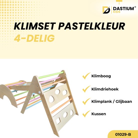 Portique d'escalade Dastium Kids - Jouets Montessori - Jouets Portique d'escalade XXL en bois - Arche d'escalade avec coussin - Triangle d'escalade pliable - Arche d'escalade avec toboggan - Couleurs pastel