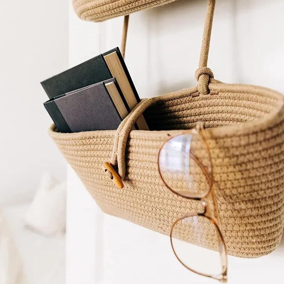 Hangende organizer voor aan de muur, premium linnen met 3 niveaus hangmand van katoenen touw, hangende tas, opbergtas voor slaapkamer, woonkamer (bruin Hangende organizer voor aan de muur, premium linnen met 3 niveaus hangmand van katoenen touw, hangende tas, opbergtas voor slaapkamer, woonkamer (bruin