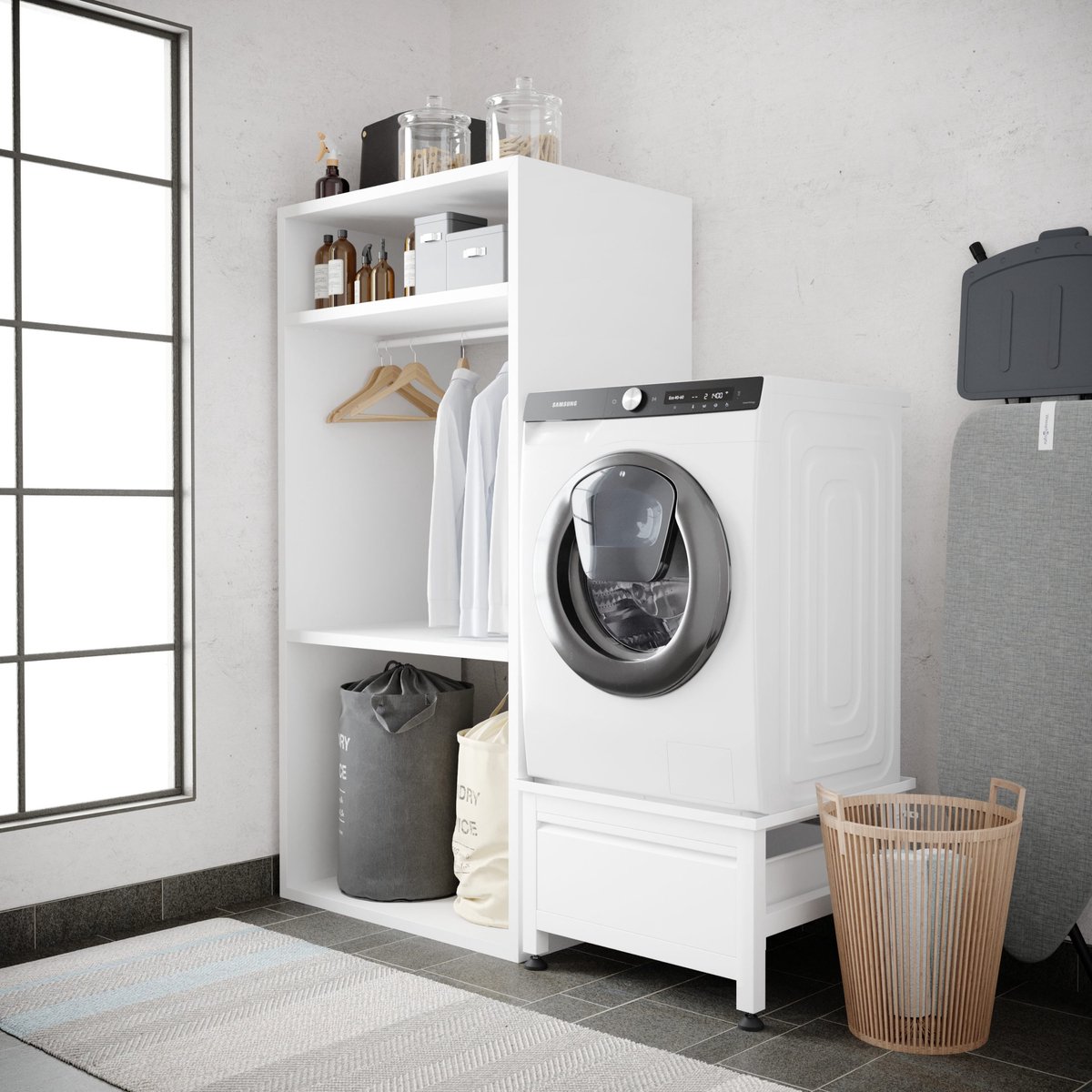 Wasophoogte® Wasmachine verhoger met lade - Wasmachine opbouwmeubel - Wasmachine sokkel - 42cm hoog - Wit - Universeel - 65*60,5 (LxB) - Inclusief wandbeugels — afbeelding 7