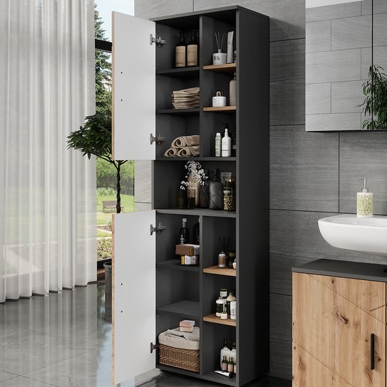 Vicco Hoge kast Irma, Antraciet/Goudkleurig Eiken, 50 x 172 cm met 2 deuren