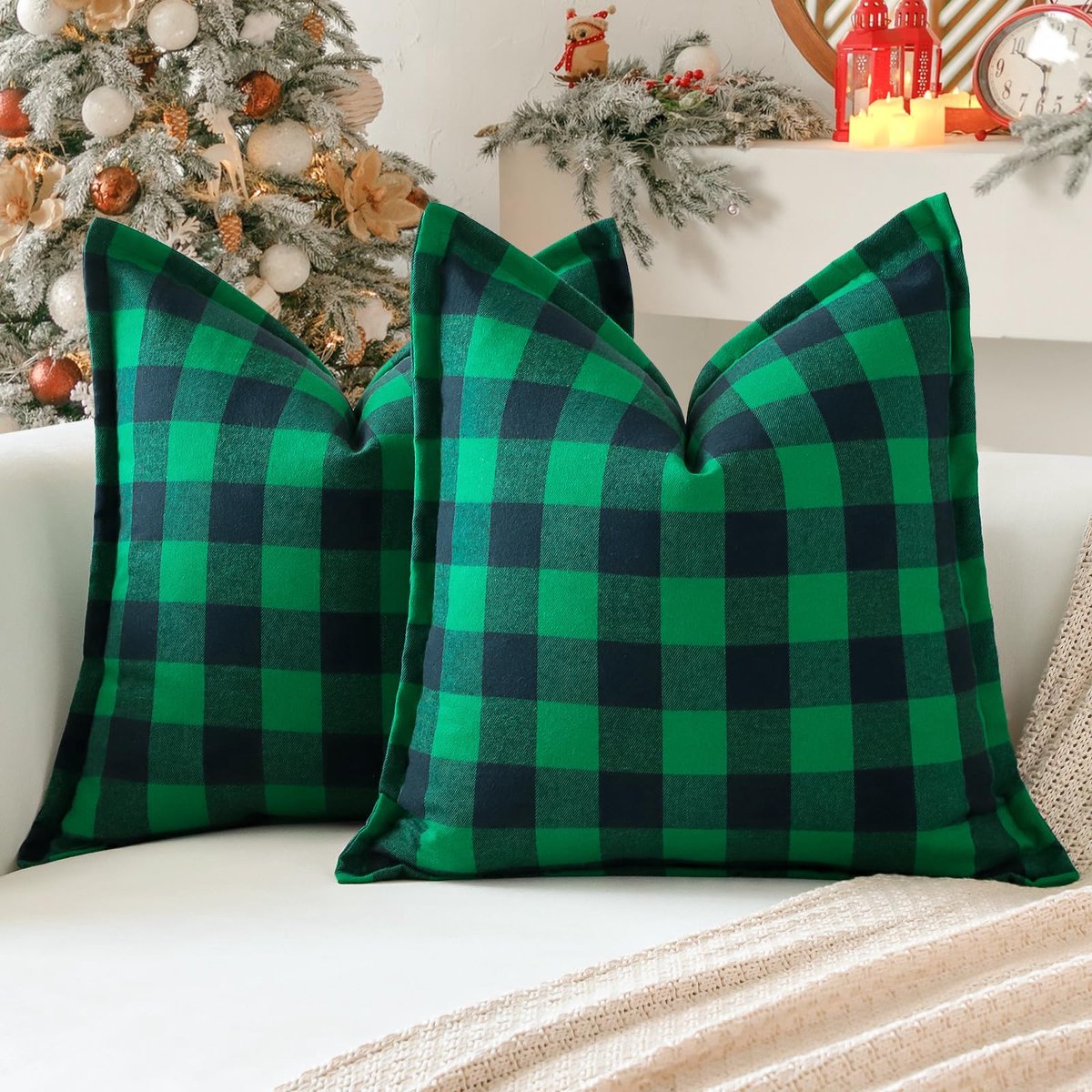 Ibenzoa Set van 2 Kussenslopen, Buffalo Plaid, 60x60 cm groen blauw