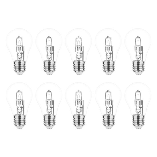 Tien transparante halogeenlampen met E27 schroefdop, op een witte achtergrond.