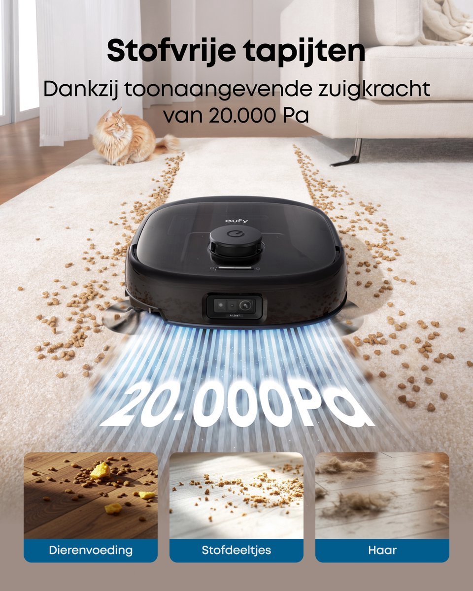 eufy Omni E25 - Robotstofzuiger met Vervangingssets - HydroJet dweilsysteem - 20.000 Pa zuigkracht - DuoSpiral borstels die ontklitten - CornerRover arm voor het schoonmaken van hoeken - alles-in-één station — afbeelding 4