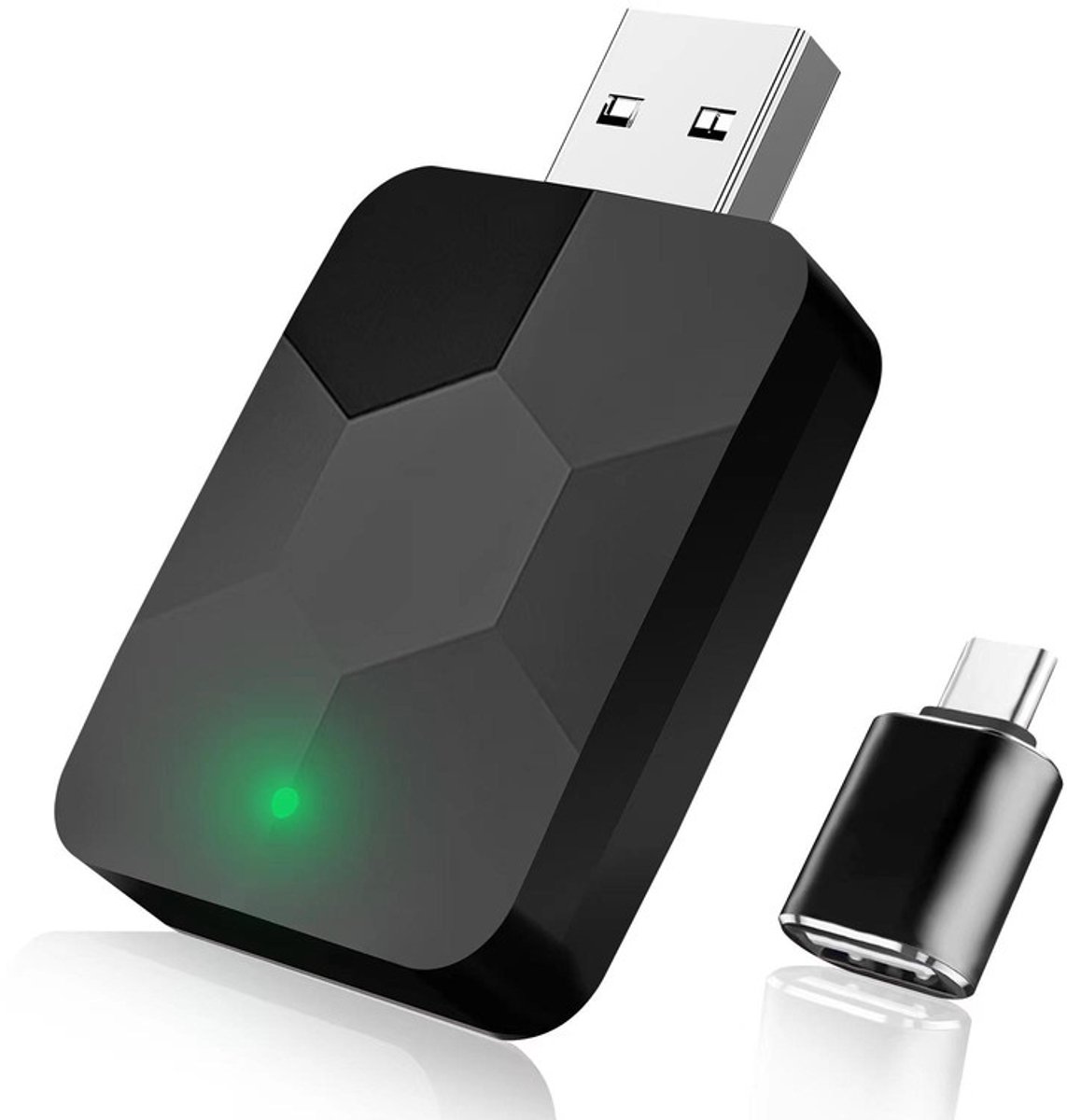 Carplay Dongle - voor Apple Carplay en Android Auto - Draadloos - Draadloze verbinding voor o.a. iPhone en Samsung - USB + extra USB-C adapter - Plug & Play - zwart