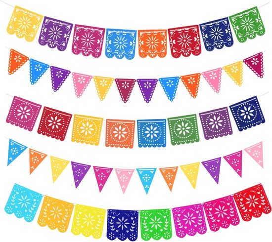 Mexicaanse Feestdecoraties - Dag van de Dode Banner voor Fiesta Party - Opengewerkte Garland met Kleurrijke Details - Cinco De Mayo Decoraties - Dia De Los Muertos - Set van 5 Banners