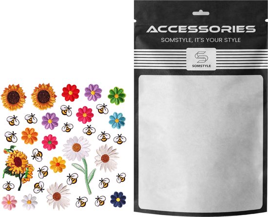 Lot de 36 écussons Set Somstyle - Vêtements Fleurs et abeilles - Application sur tissu - Multicolore