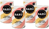 Vier blikken BARÚ Vanilla Chai Latte met gestreepte patronen in roze, geel en wit.