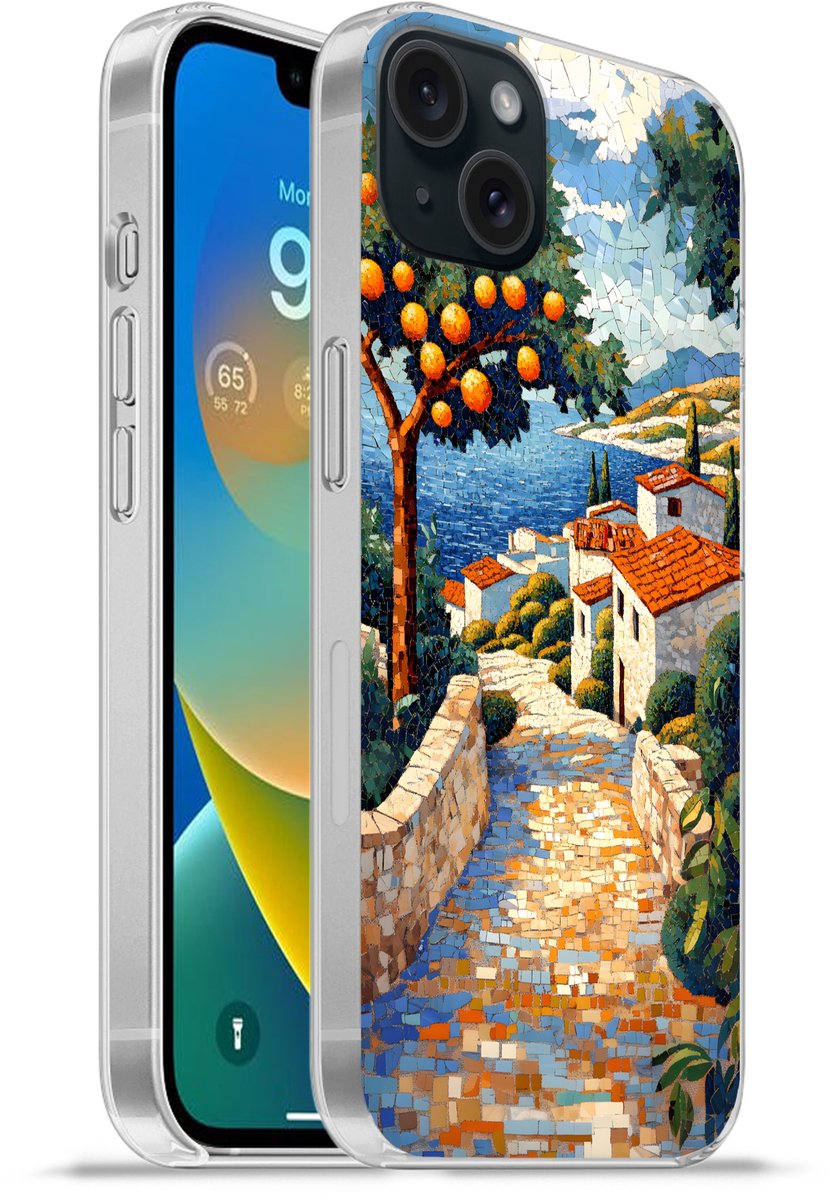Telefoonhoesje Geschikt voor iPhone 15 Plus hoesje - Huizen - Mozaïek - Sinaasappelbomen - Zee - Siliconen Telefoonhoesje Telefoonhoesje