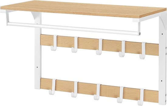 Witte metalen wandkapstok met eikenkleurige plank, kledingroede en twee rijen met in totaal 10 witte haken.