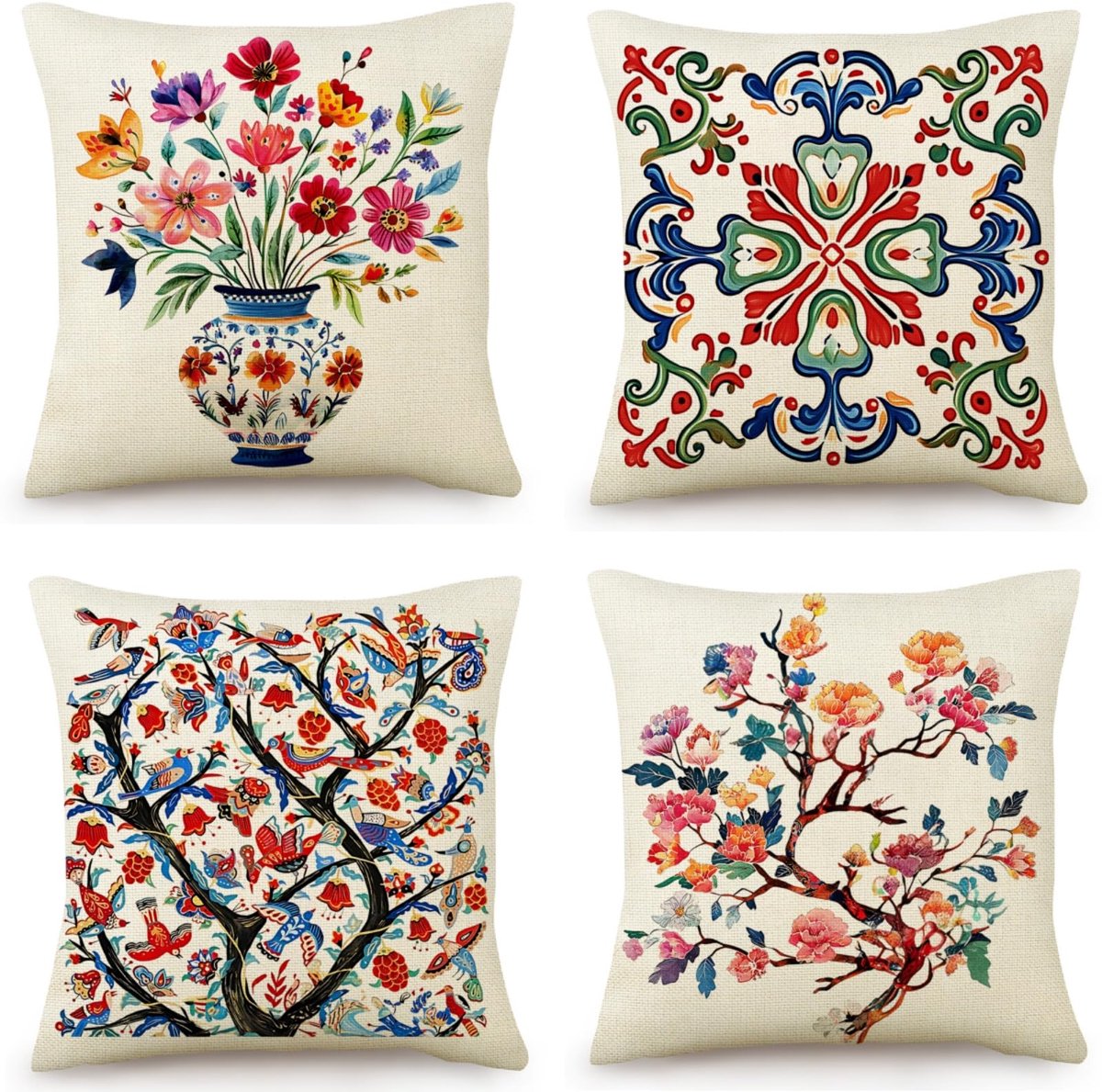 Ibenzoa® Set van 4 Kussenhoezen van Linnen 40 x 40 cm met Vintage Bloemenmotief voor Binnen en Buiten