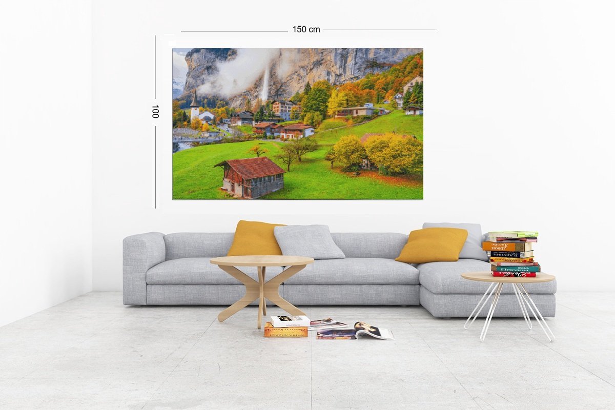 Trendex Global Canvas Schilderij – Landschap met Dorp – Natuur – 150x100x2 cm Groen