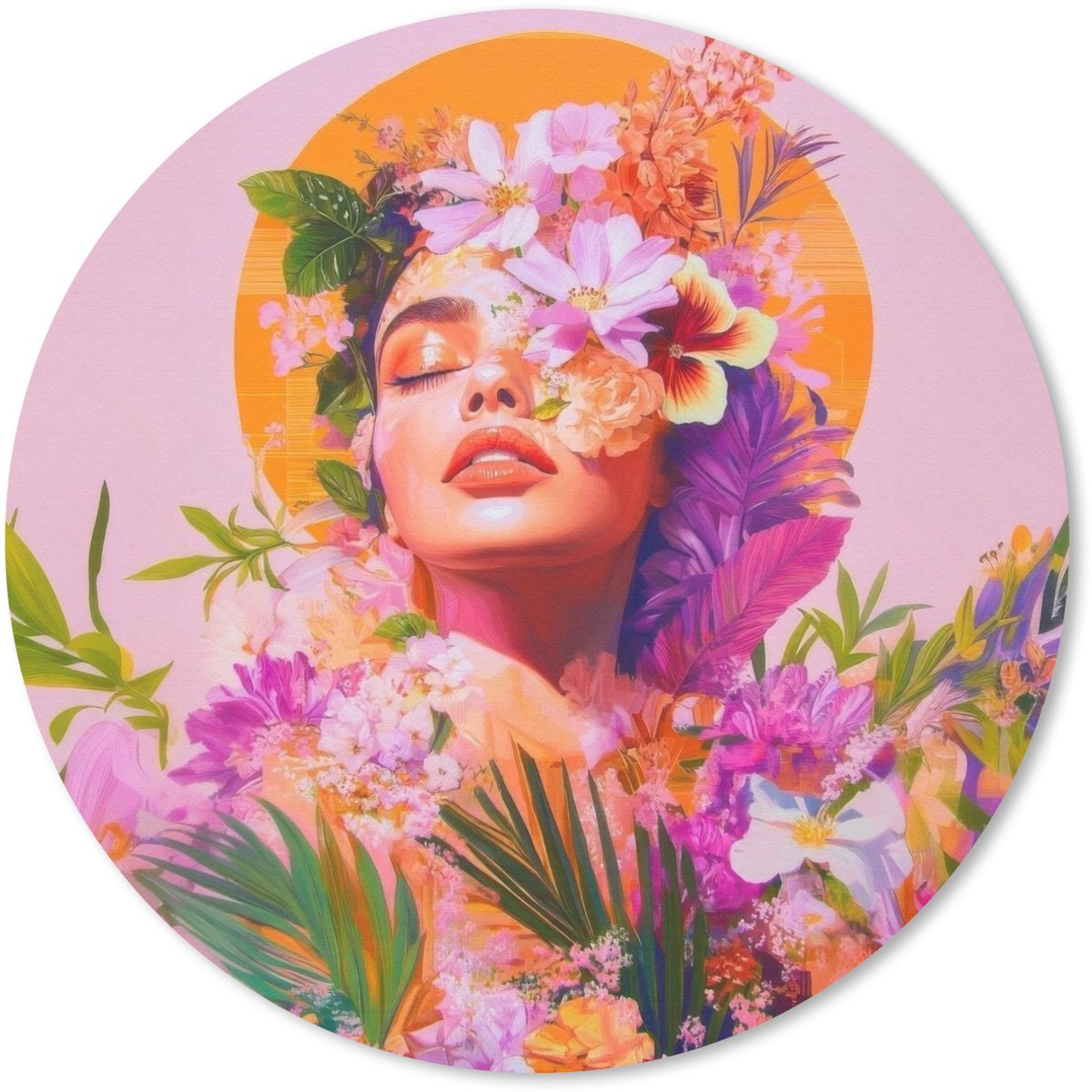 Muismat rond 30x30 cm - Mousepad Vrouw - Abstract - Cirkel - Bloemen - Ronde muismatten
