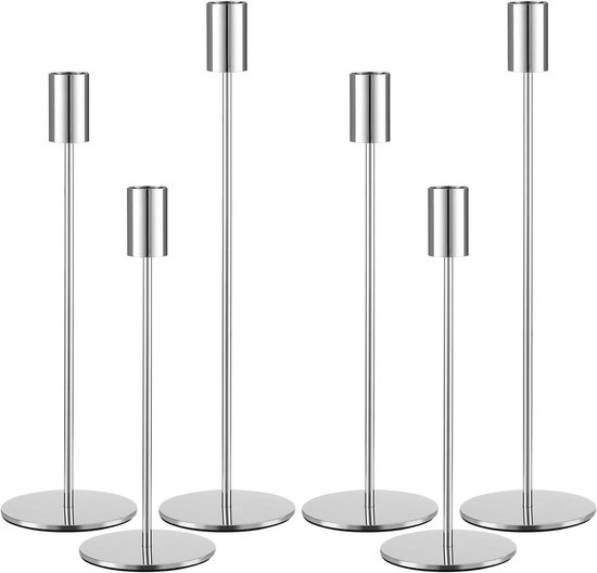 Foto: Set van 6 vintage metalen kaarsenhouders 33 28 23 cm zilver decoratief prachtige set van 6 vintage metalen kaarsenhouders in zilver voor een decoratieve touch