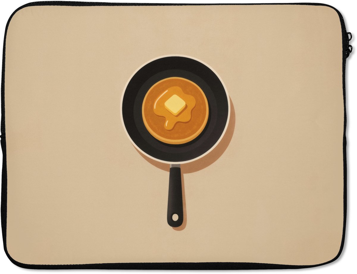 Laptophoes 15.6 inch - Pannenkoek - Koekenpan - Boter - Minimalistisch - Laptop sleeve - Binnenmaat 37x26 cm - Zwarte achterkant