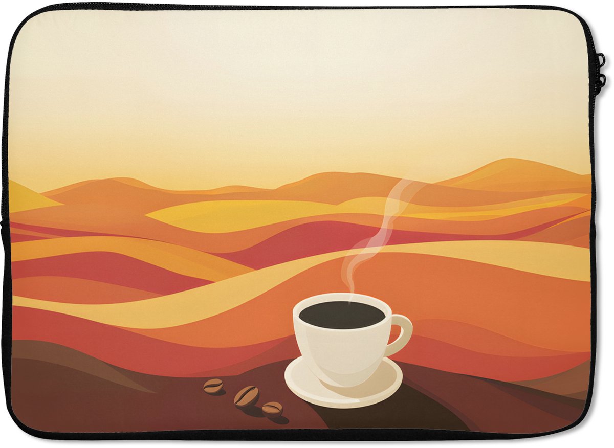 Laptophoes 14 inch - Koffie - Landschap - Oranje - Koffiebonen - Laptop sleeve - Binnenmaat 33x23 cm - Zwarte achterkant