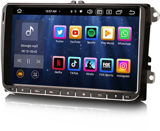Touchscreen autoradio met apps zoals Twitter, YouTube, Spotify, Netflix, TikTok.