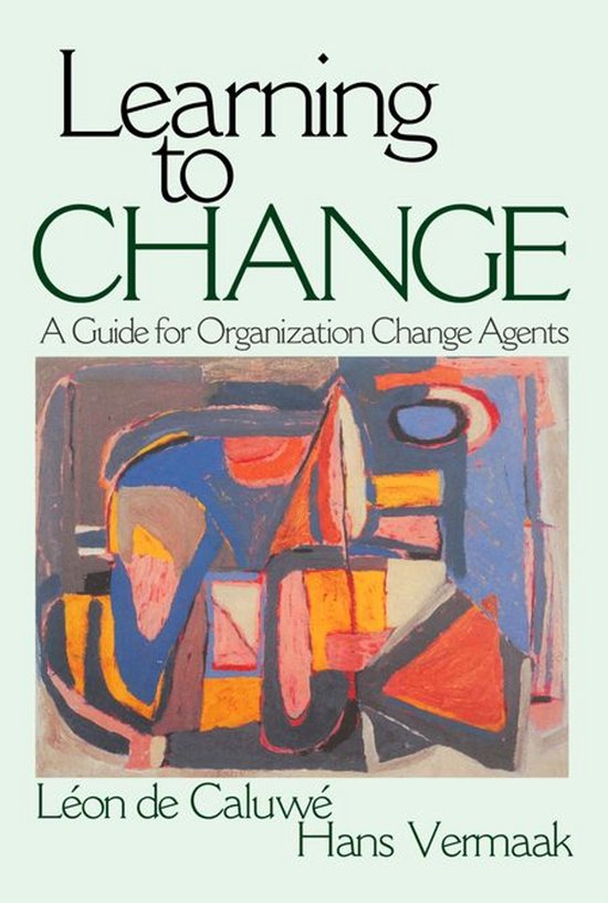 Boek 'Learning to Change' met abstracte, kleurrijke illustratie en titel in groen en zwart.