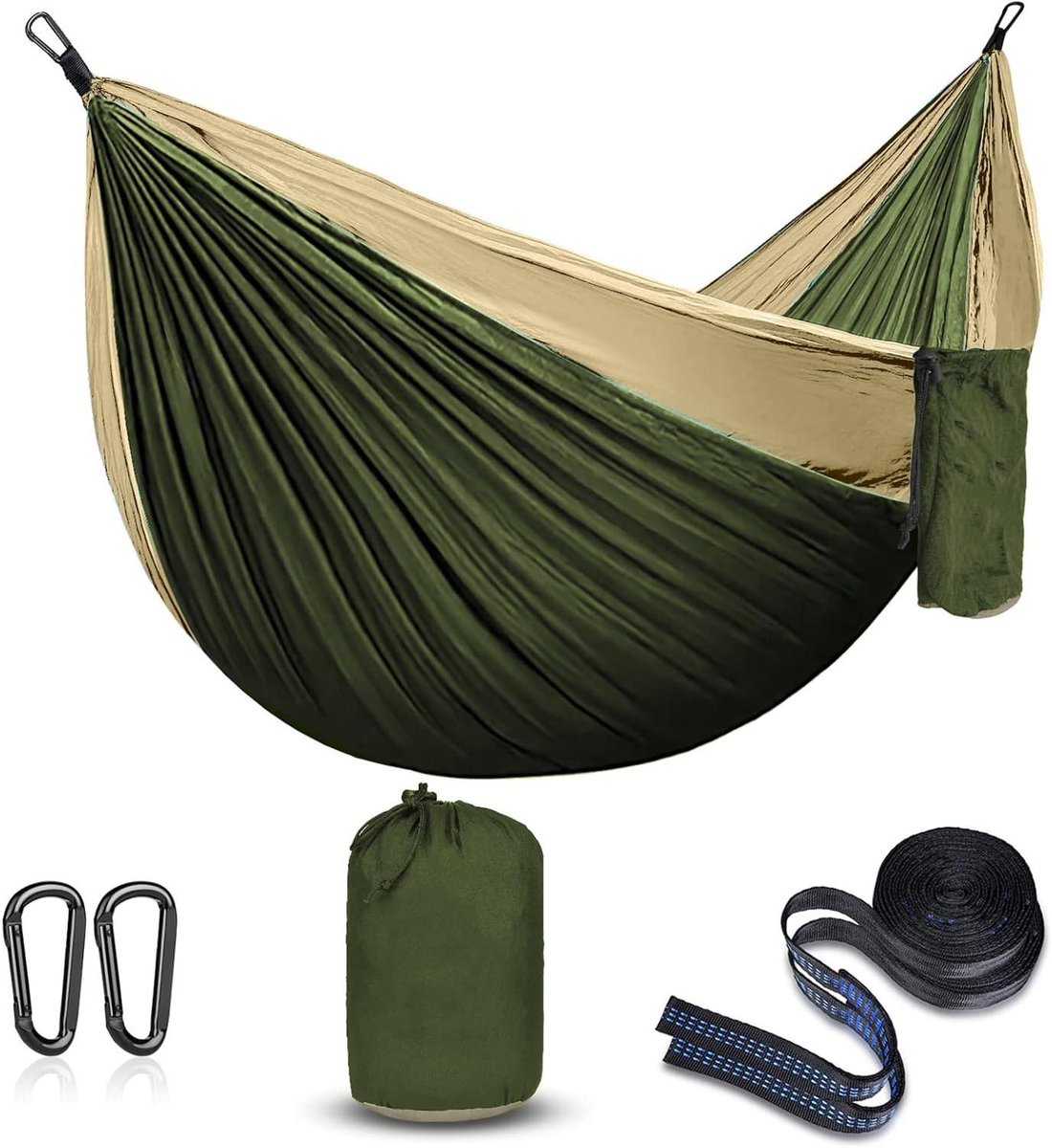 Portable Parachute Hammock for Outdoor Hiking Travel Backpacking - Ultralight Nylon Swing for Garden Lawn Picnic (Khaki/Army Green)